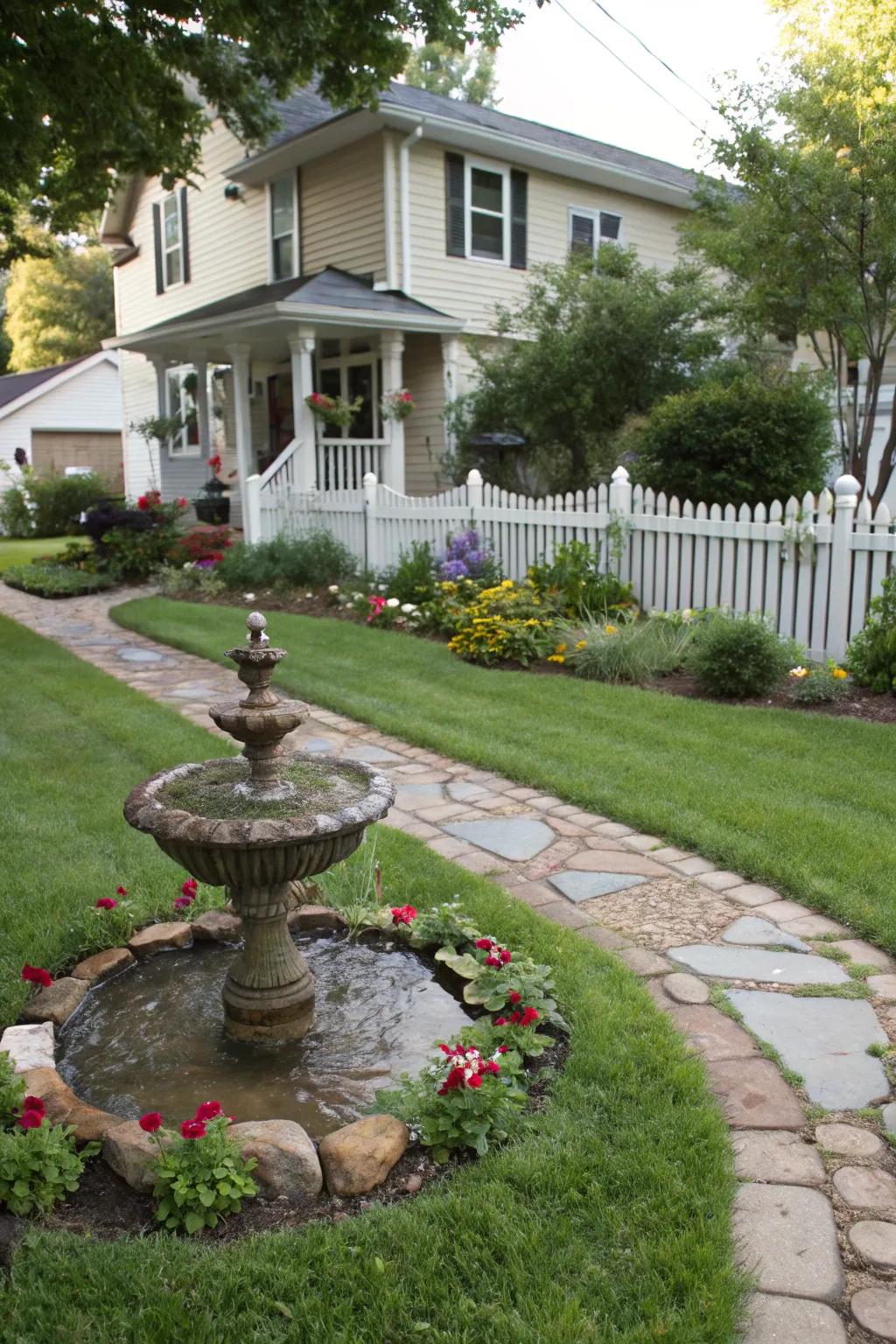 A small fountain adds a calming focal point to the front yard.