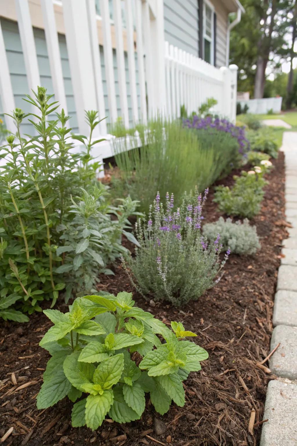 Herb borders add functionality and fragrance to mulch beds.