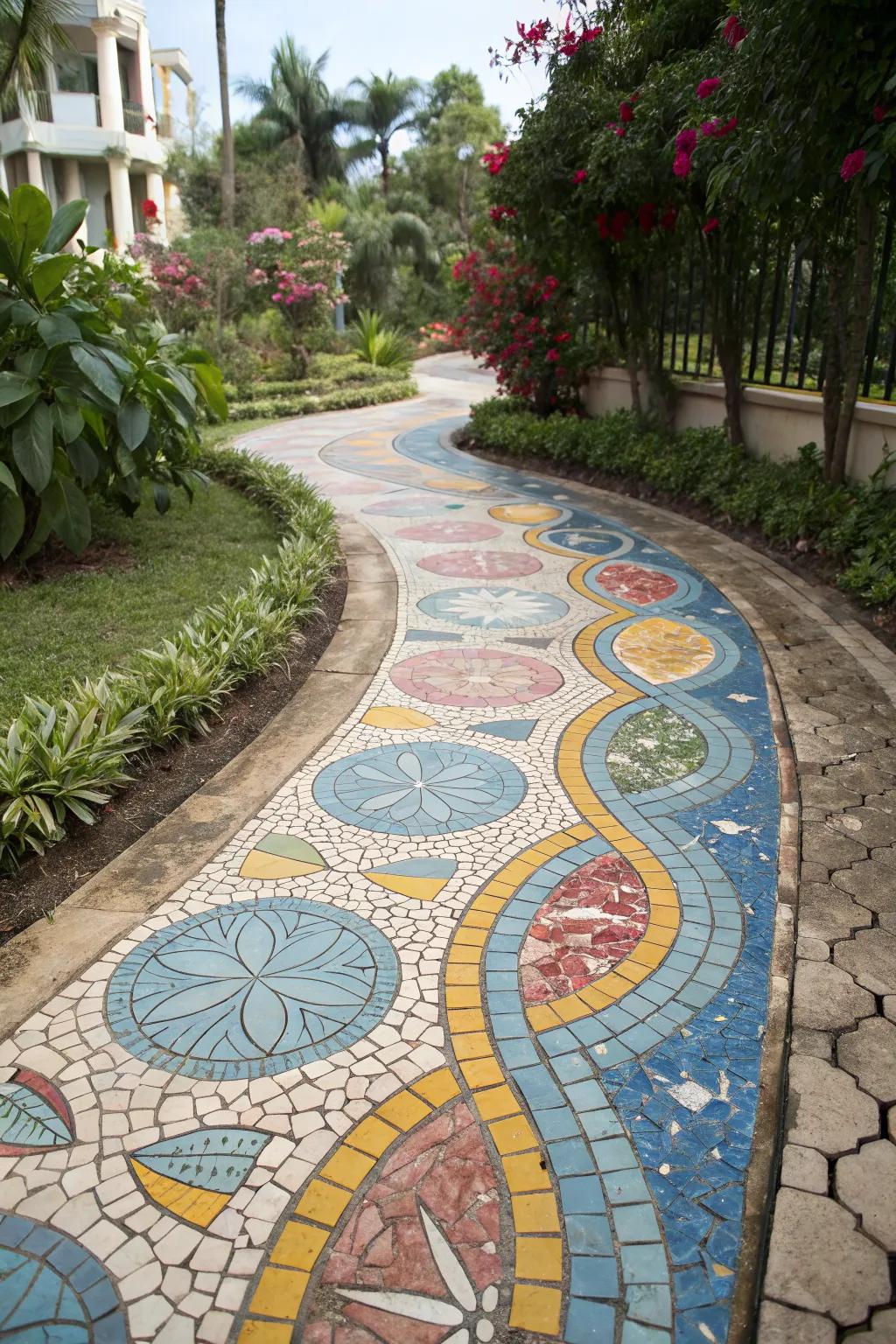 Artistic mosaic pathway creating a vibrant entry.