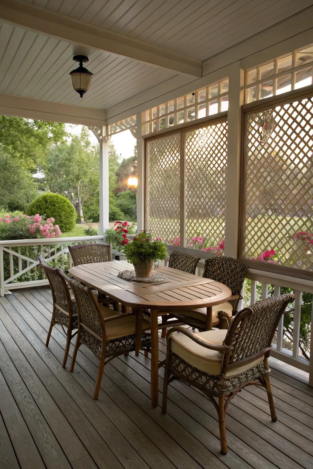 A screened-in area that combines outdoor enjoyment with comfort.