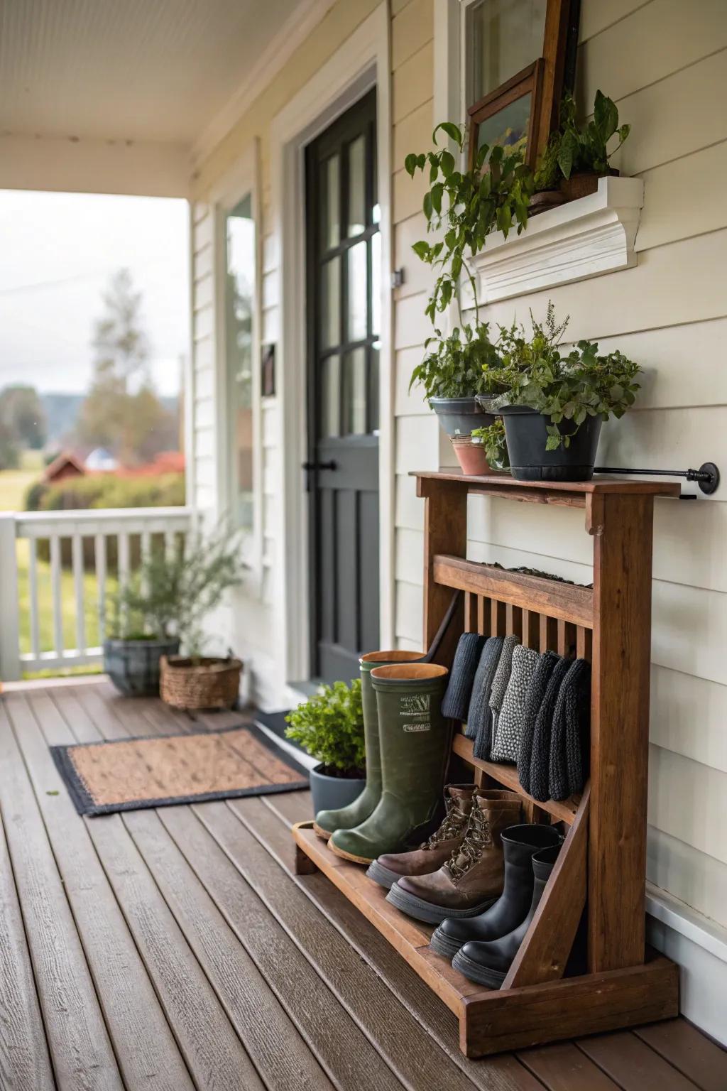 A front porch featuring a functional welly stop and boot rack.