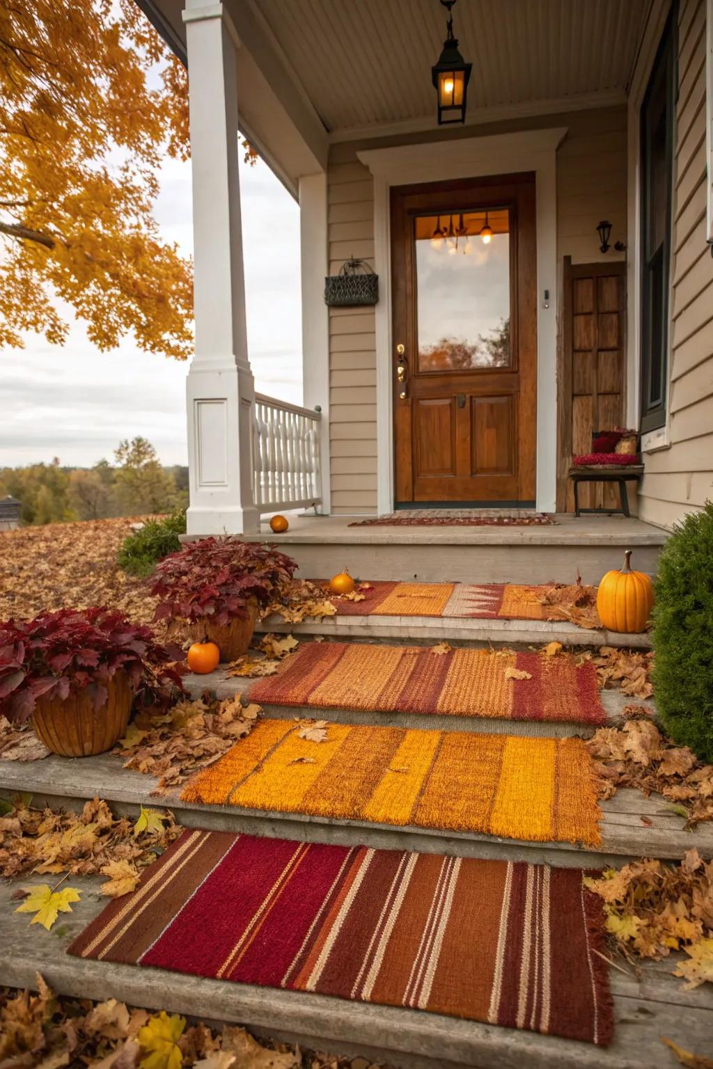 Layered rugs adding texture and warmth to a fall porch.