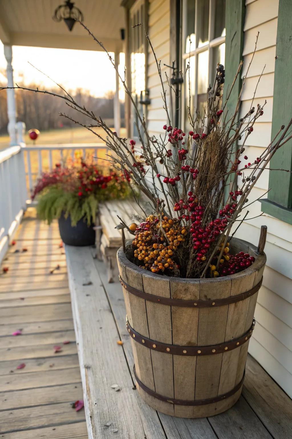 Twigs and berries add rustic charm and texture.