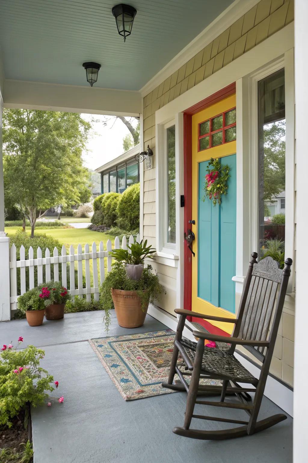 A bold front door color creates an inviting focal point for your porch.