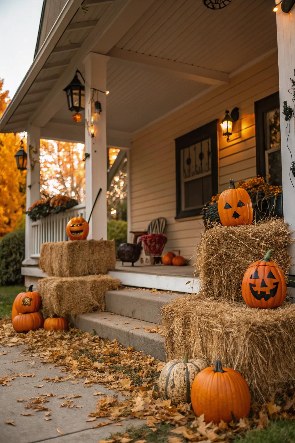 Hay bales provide a rustic touch, making them a versatile base for decorations.