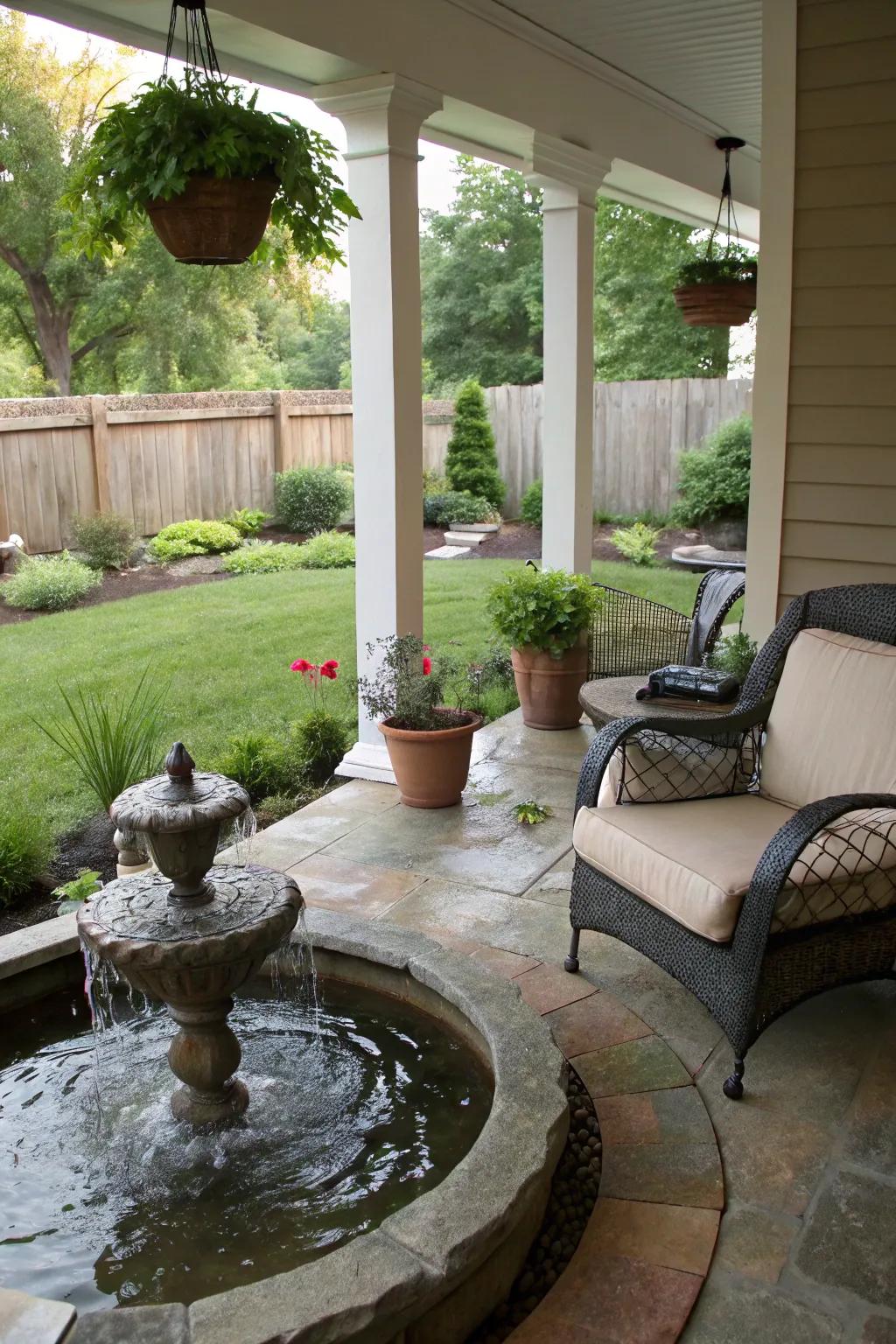 A water feature adds elegance and serenity to your porch.
