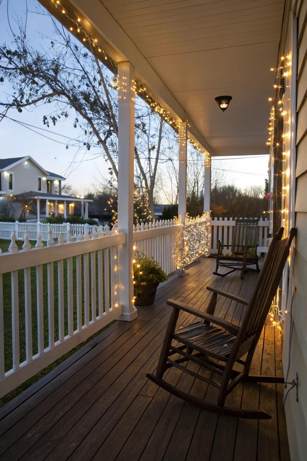 String lights add a magical touch to the porch as they twinkle in the evening.