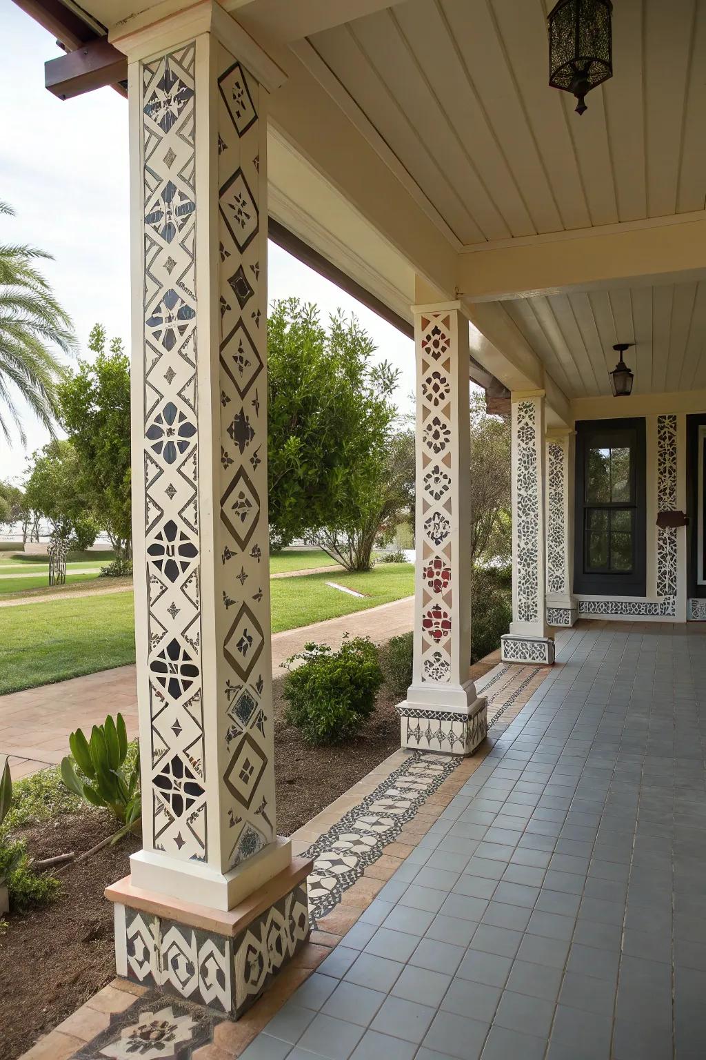 Geometric patterns adding a modern artistic touch to porch posts.