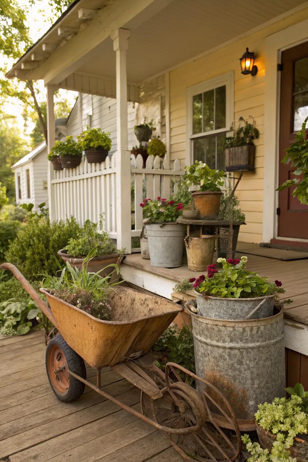Repurposed vintage items add unique character.