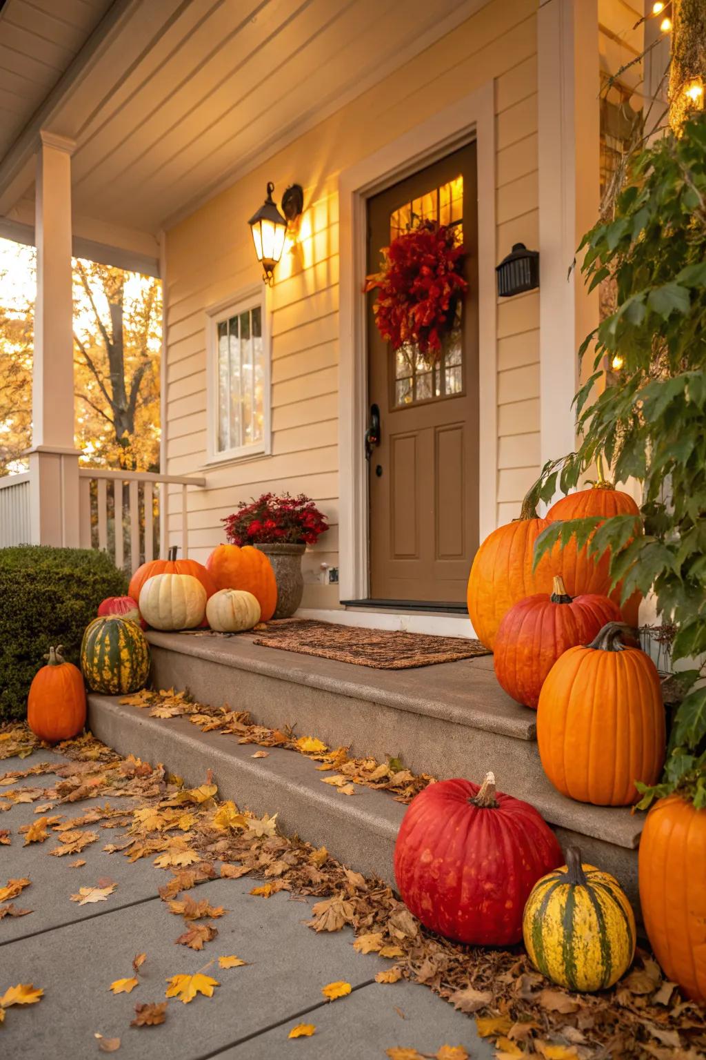 Painted pumpkins add a splash of color and creativity.