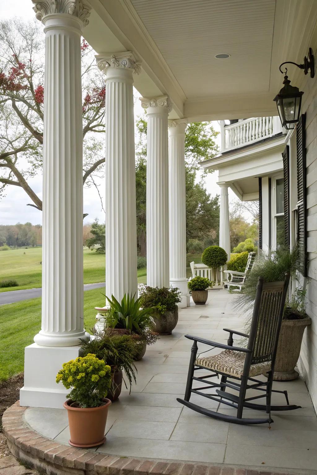 Classic white decorative columns enhancing the porch.