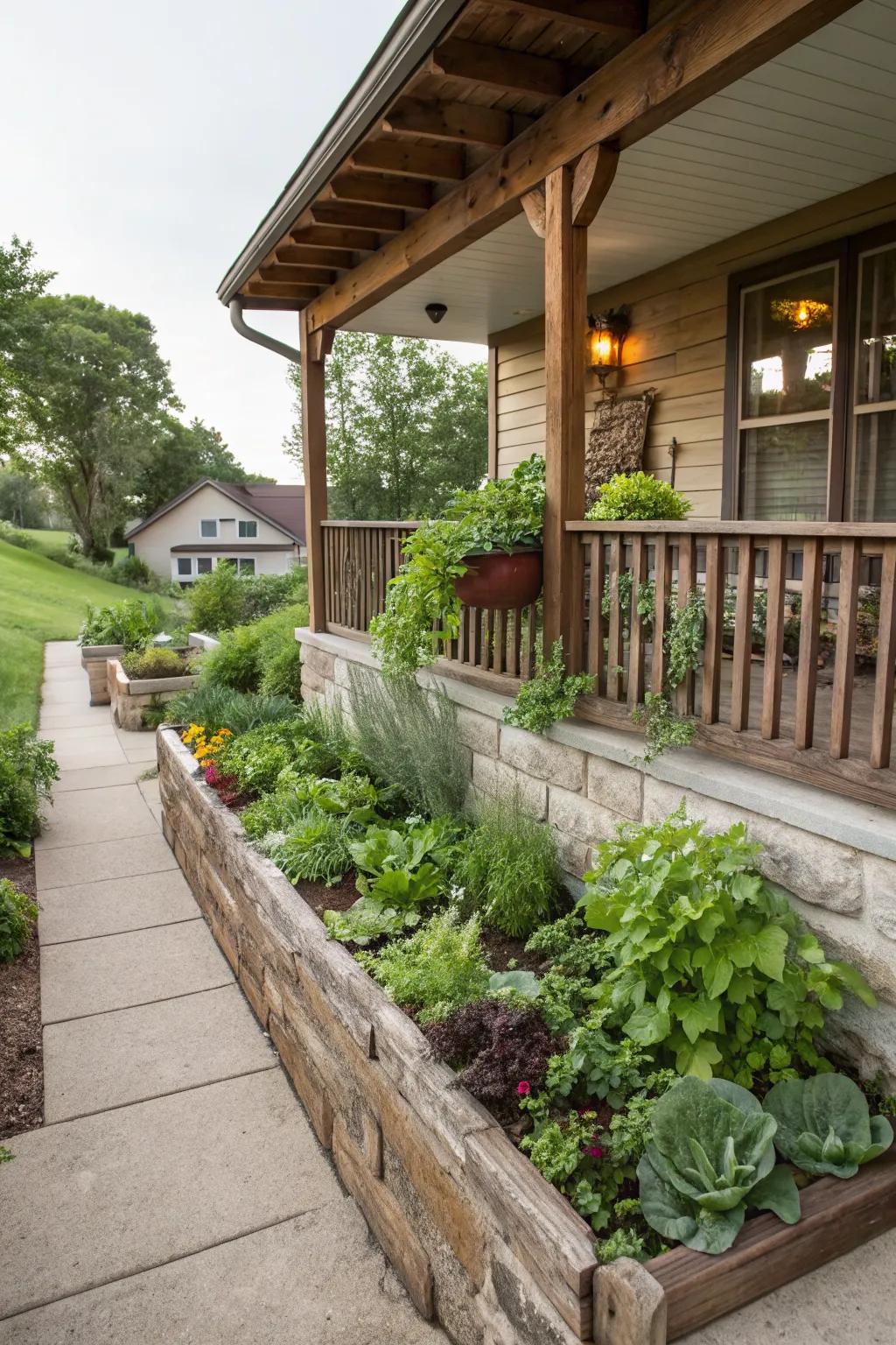 An edible garden nestled within a retaining wall.