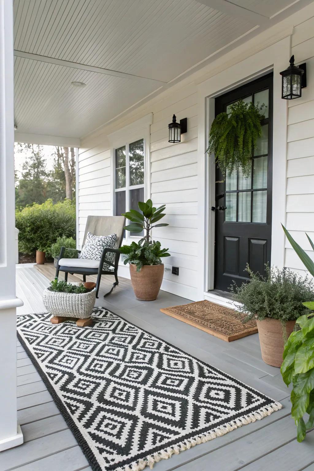 Monochrome rugs offer a striking and modern aesthetic for your porch.
