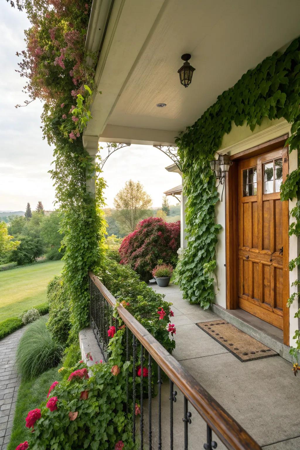 A porch enhanced by a vertical garden filled with lush and vibrant plants.