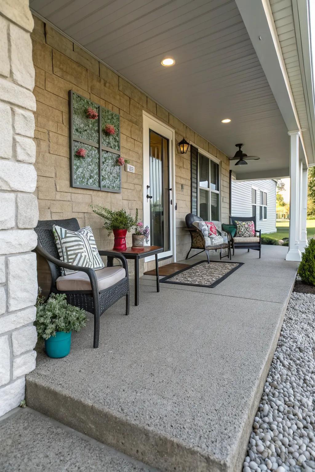 Modern front porch with pebbled concrete siding.