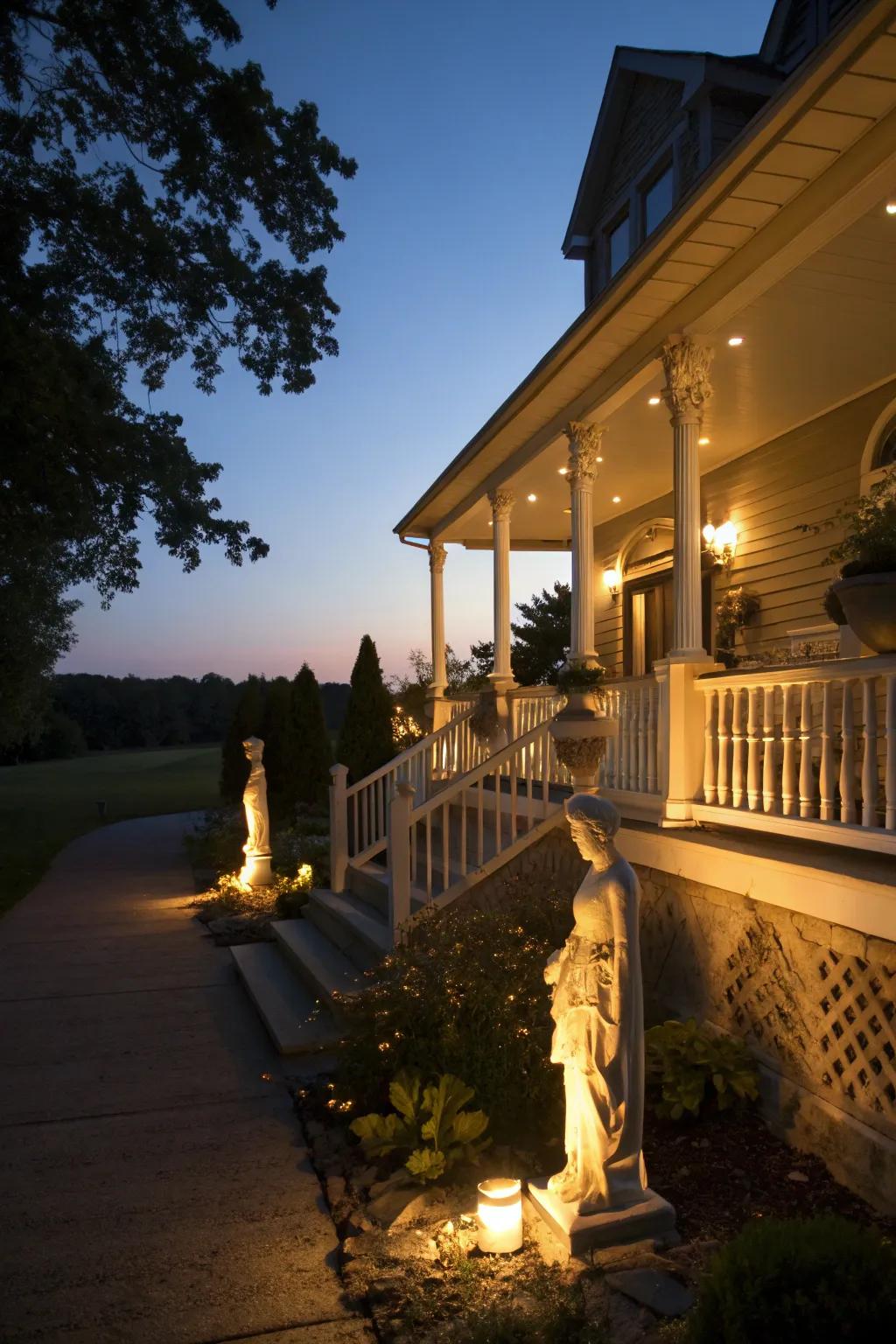 Illuminated statues light up your porch with a welcoming glow.