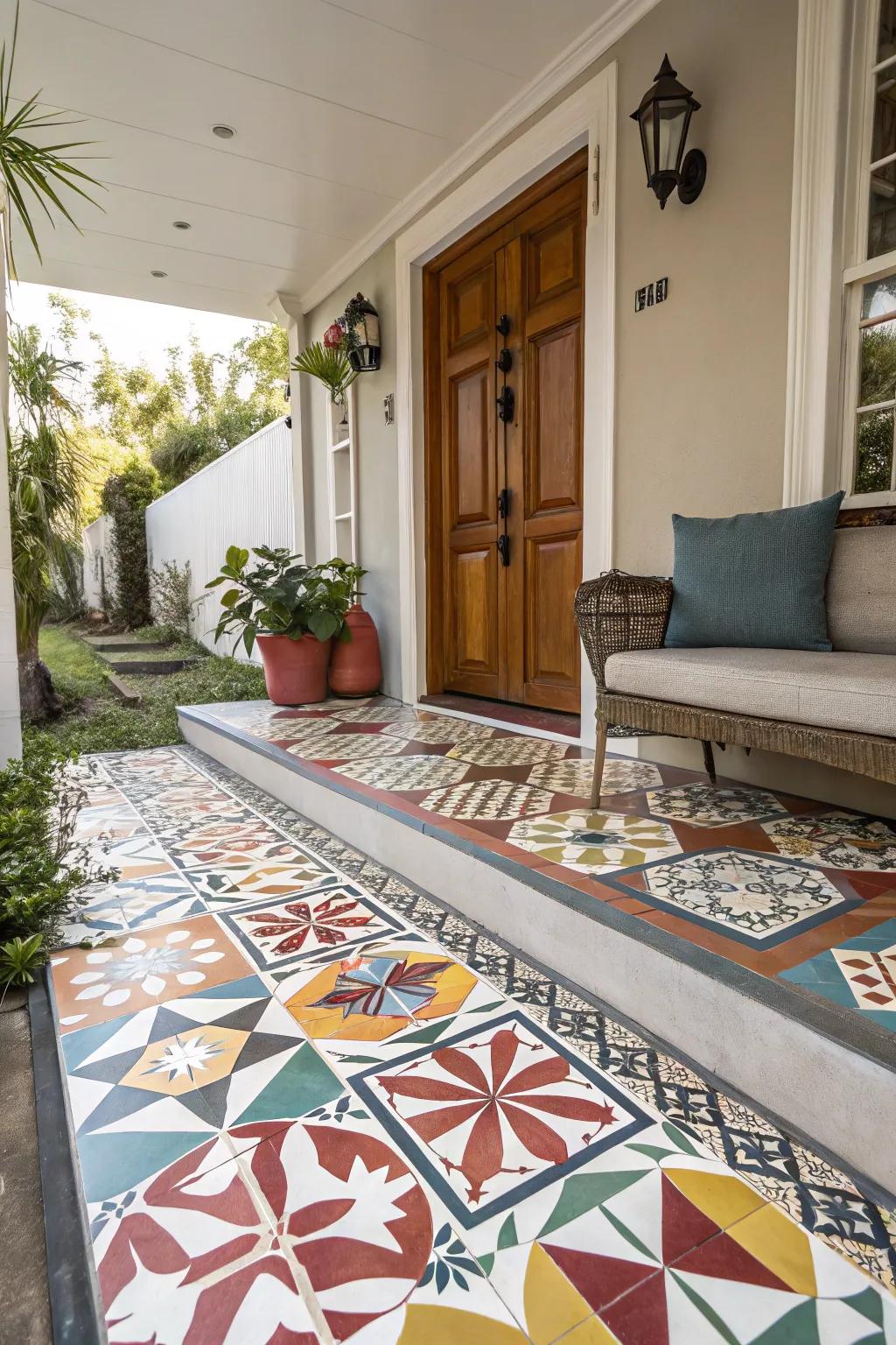 Geometric patterns add a modern flair to any entrance.