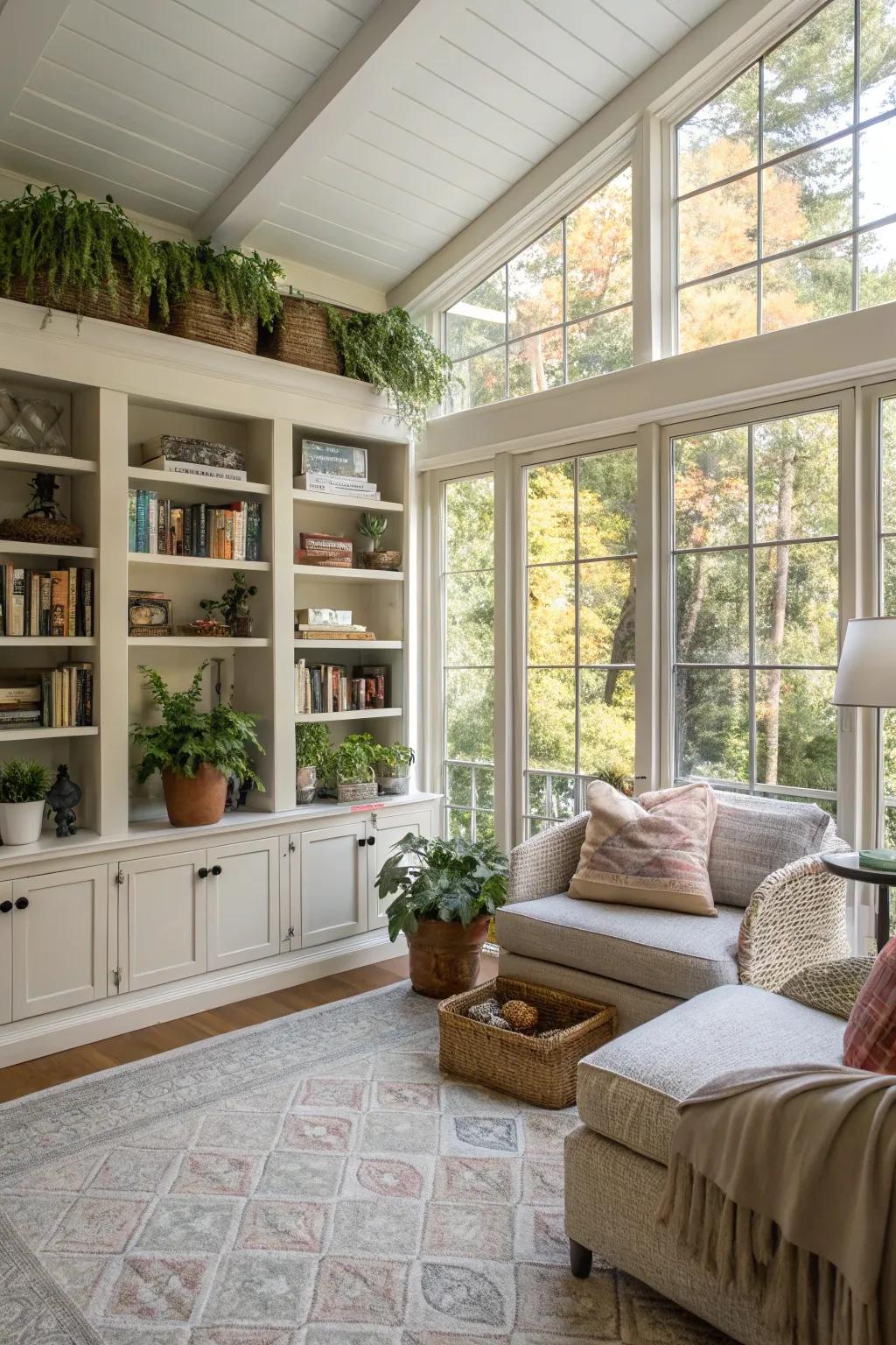 A sunroom with sleek built-in storage solutions.