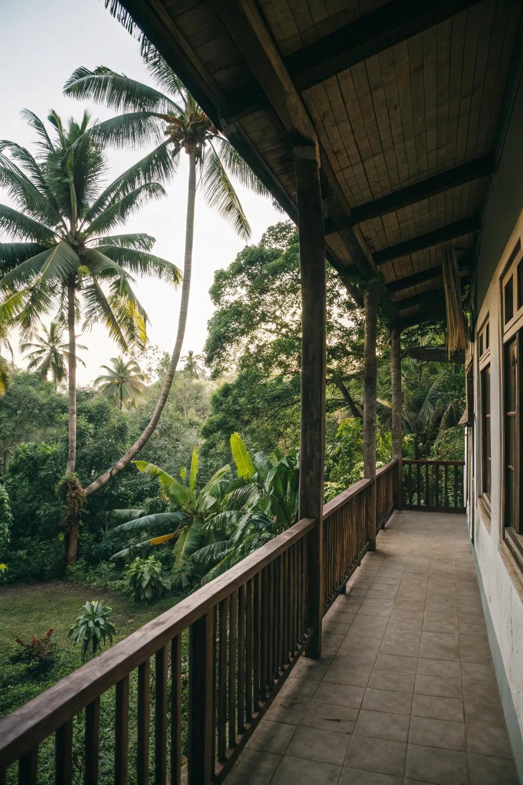Tropical trees transform the porch into an exotic retreat.