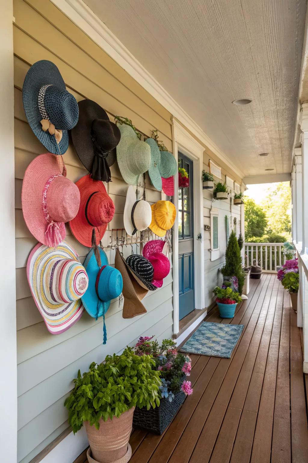 A hat display adds whimsy and playfulness to the porch.