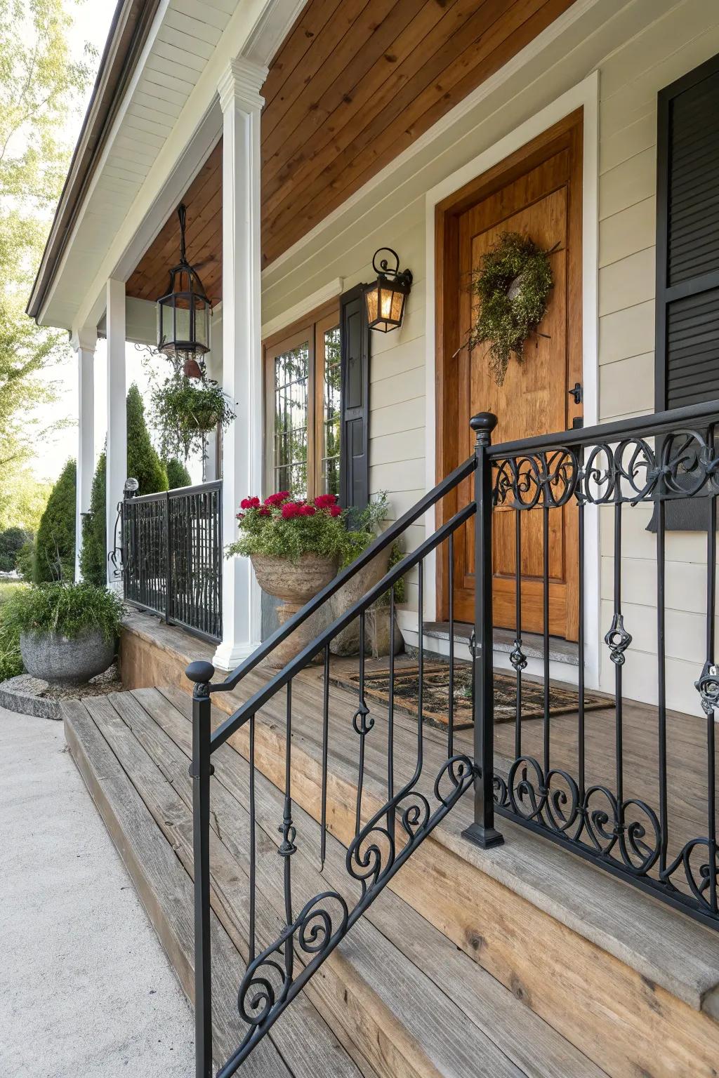 A charming blend of rustic wood and black metal railings.
