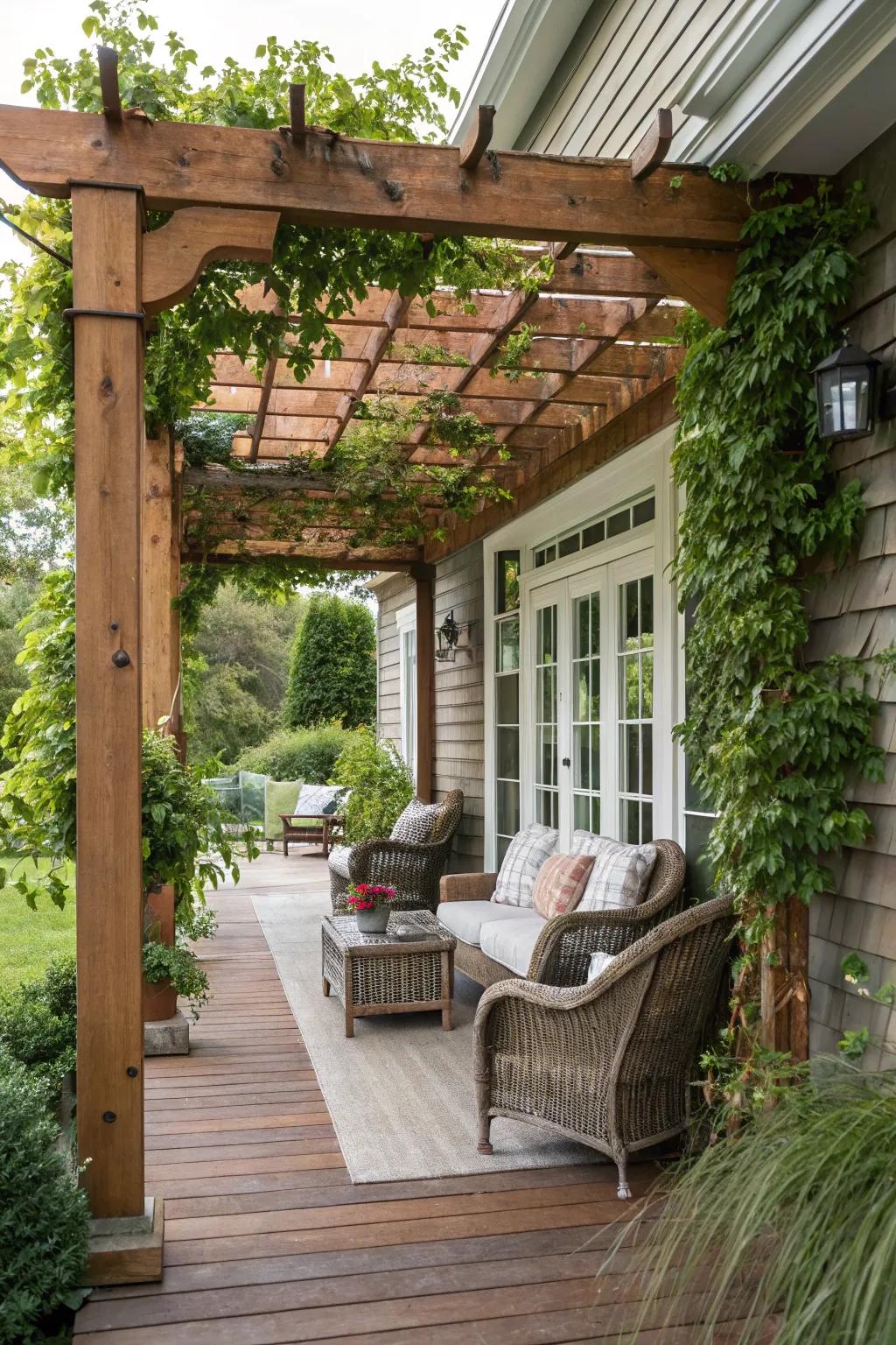 A wooden pergola adding elegance and shade to the porch.
