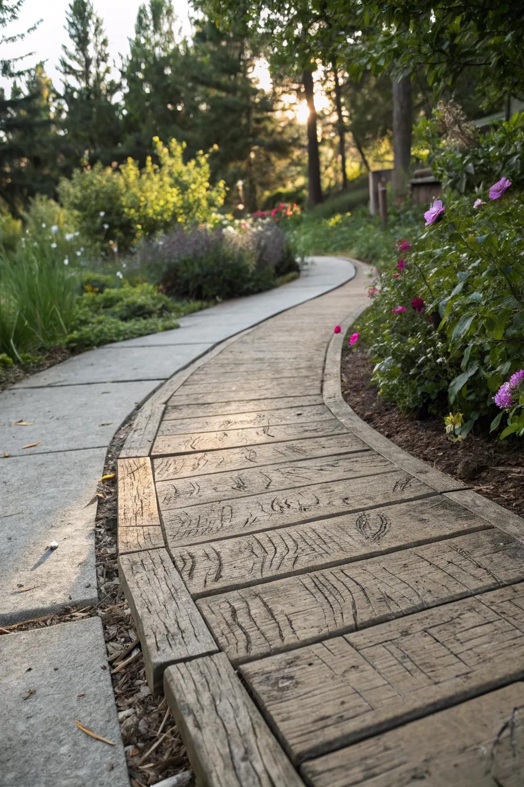 Rustic charm with wood plank stamped concrete for a cozy walkway.