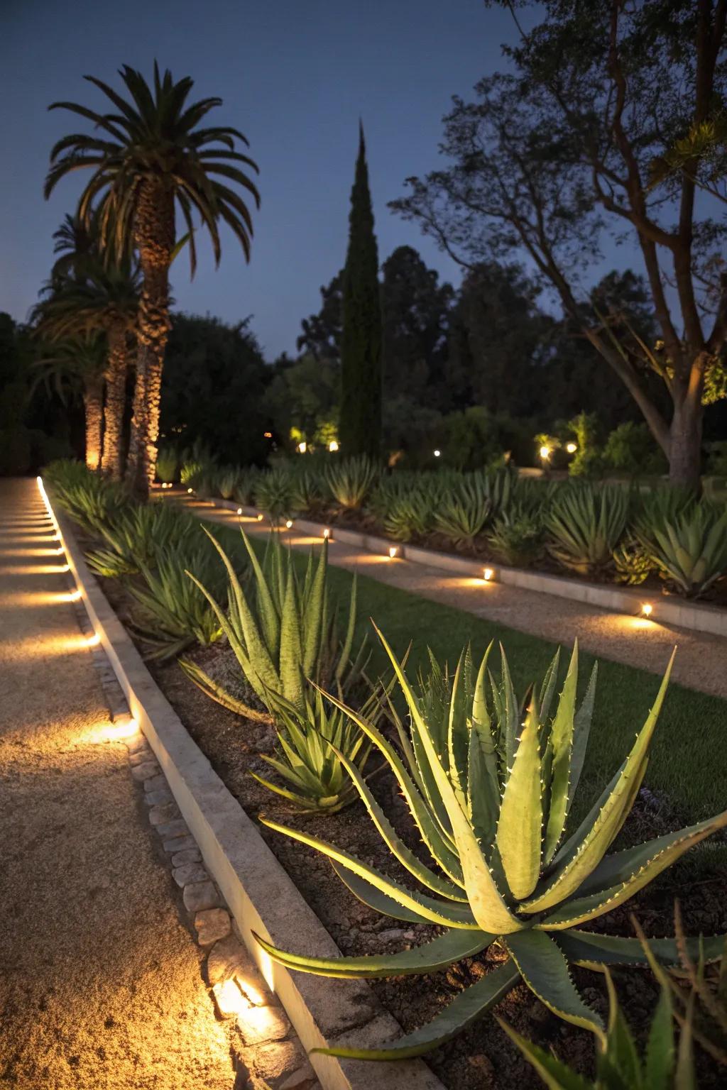 Dramatic aloe vera garden with night lighting