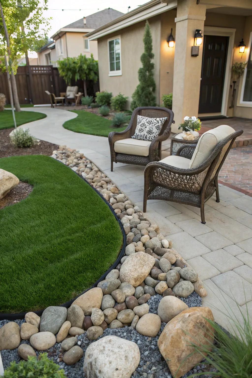 Cozy seating area on lush artificial grass.