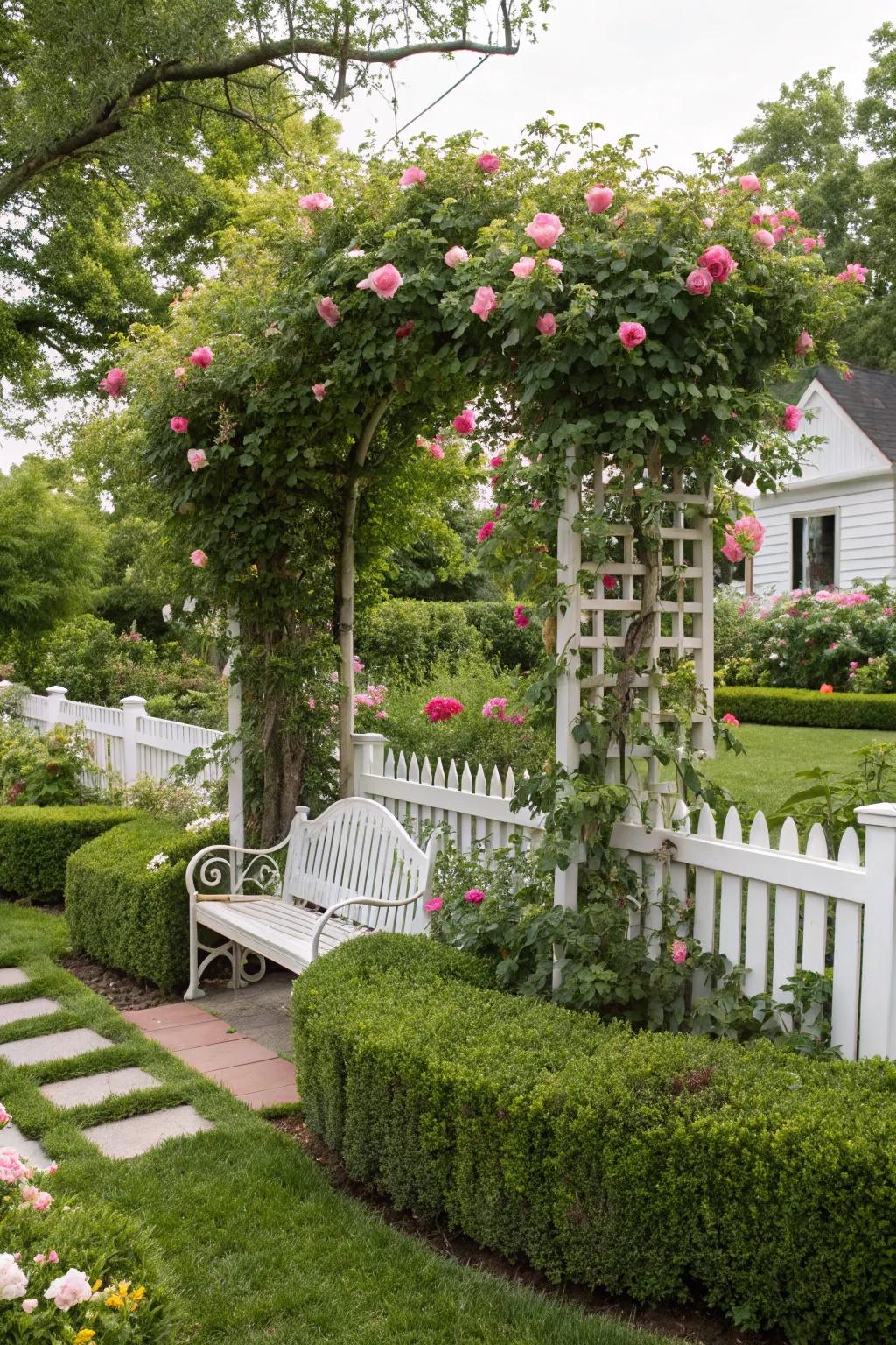 An arbor bench creates a romantic garden escape.