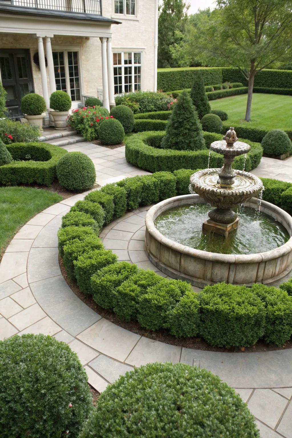Circular boxwood arrangements highlight focal points.