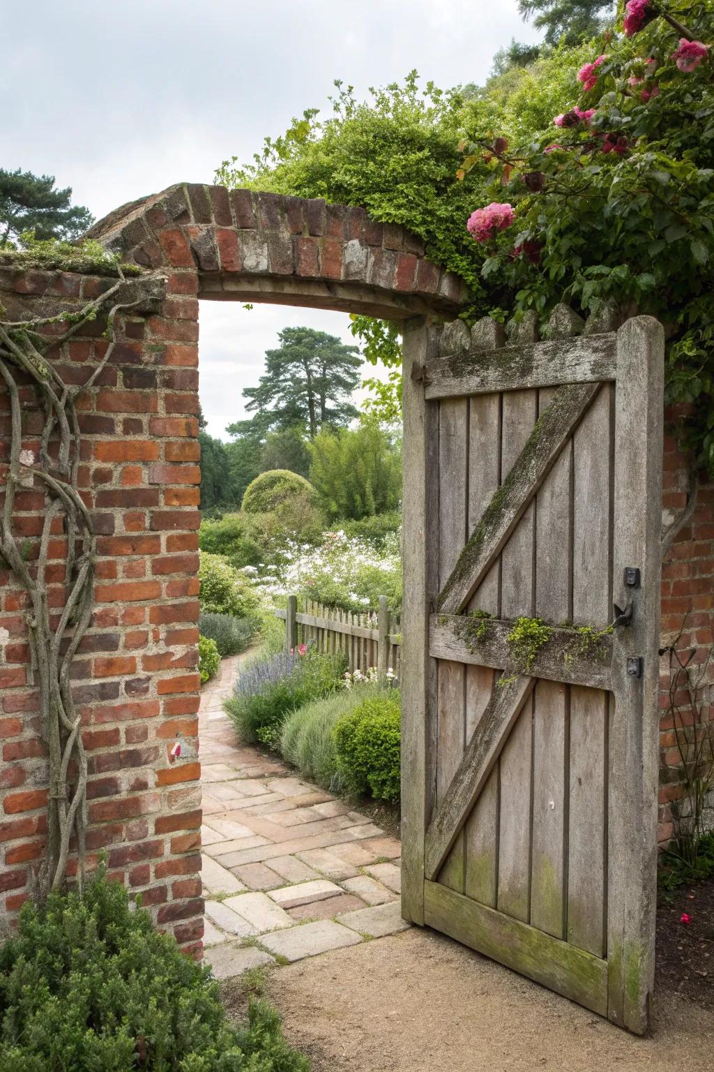 A wooden gate and brick wall create a charming entrance.
