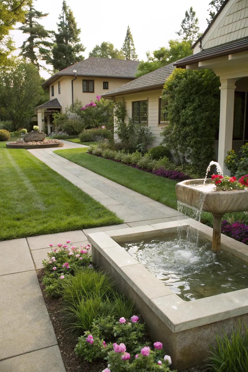 A concrete water feature creates a tranquil atmosphere in this front yard.