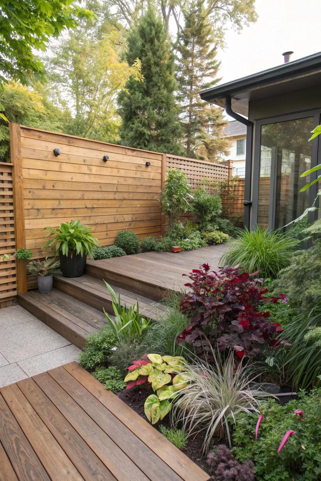 A stylish feature wall adding interest to a front yard deck.
