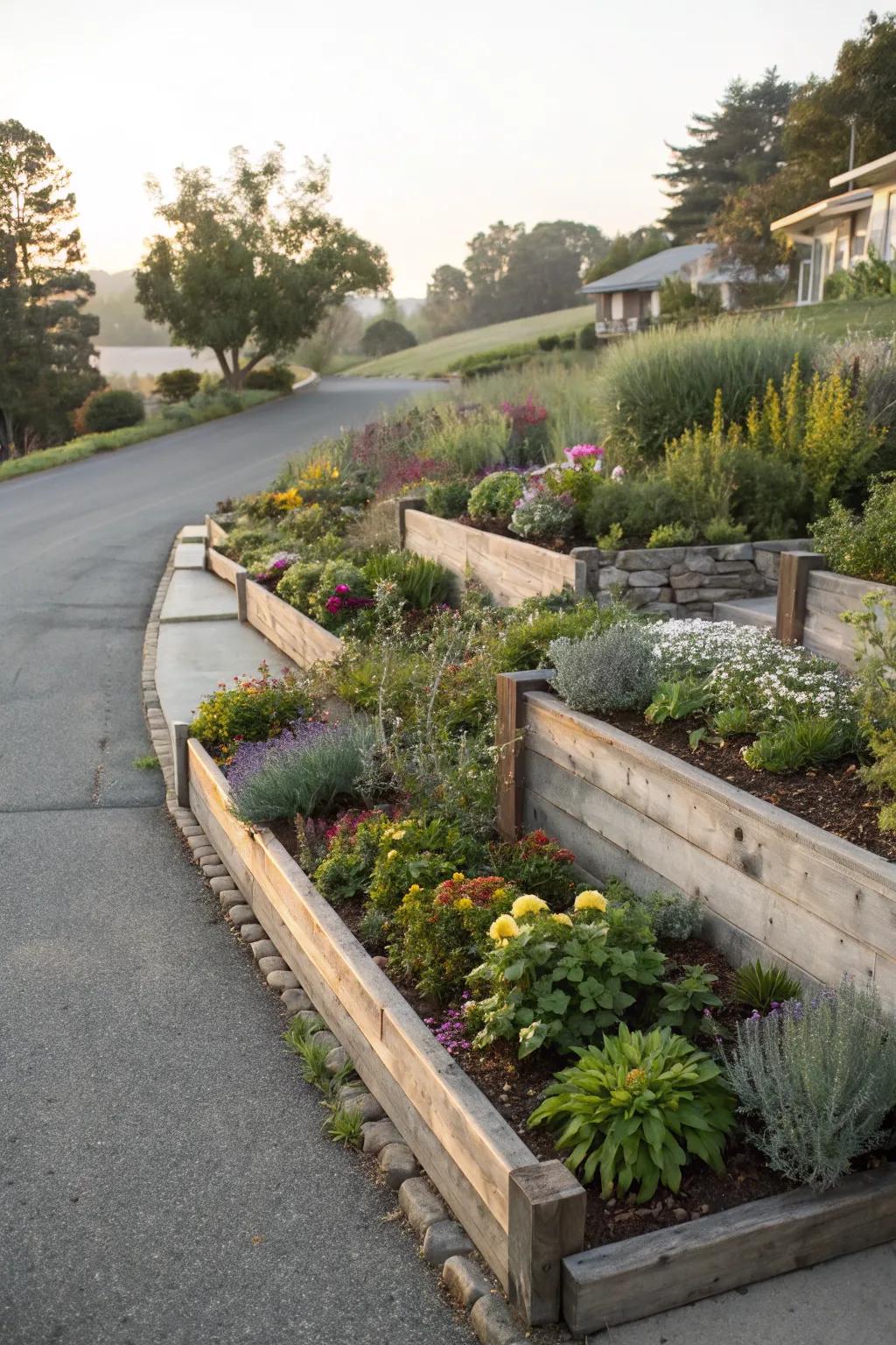 Tiered garden beds add depth and showcase plant diversity.