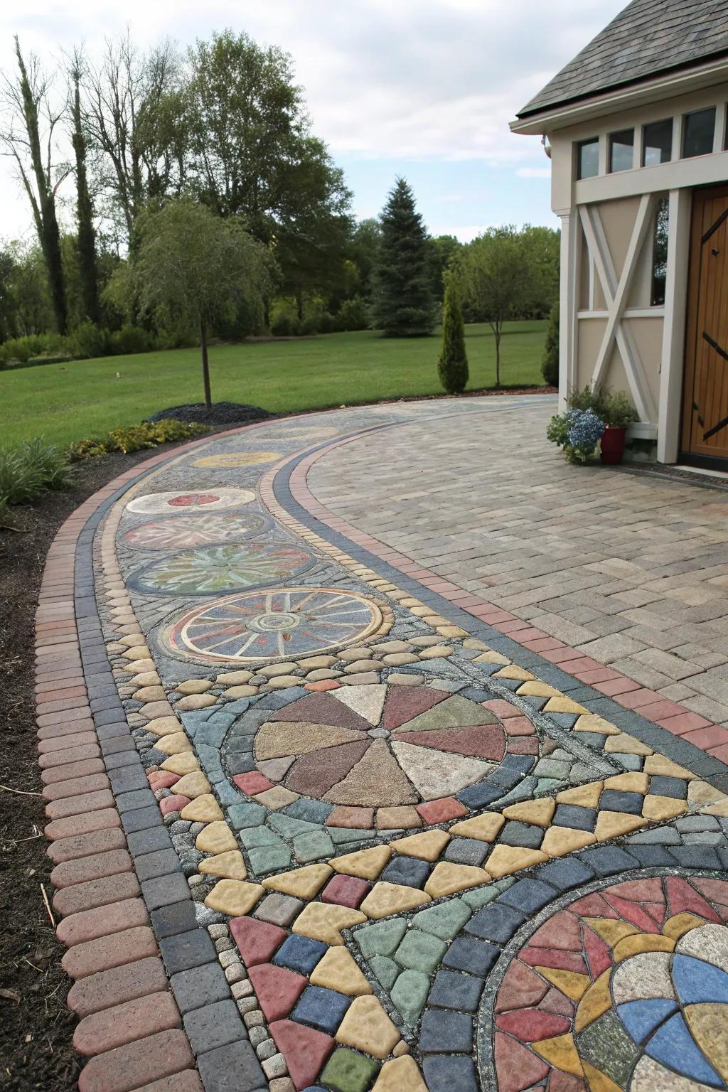 Mosaic patterns add an artistic flair to any driveway.