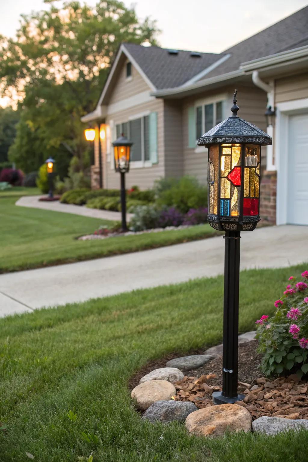 Colorful glass inserts in light posts adding a playful splash to the driveway.