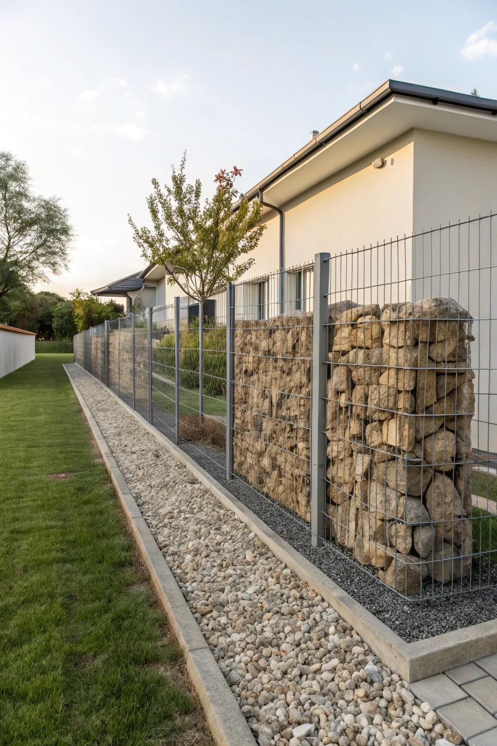 Gabion walls offer a sturdy and modern industrial edge.