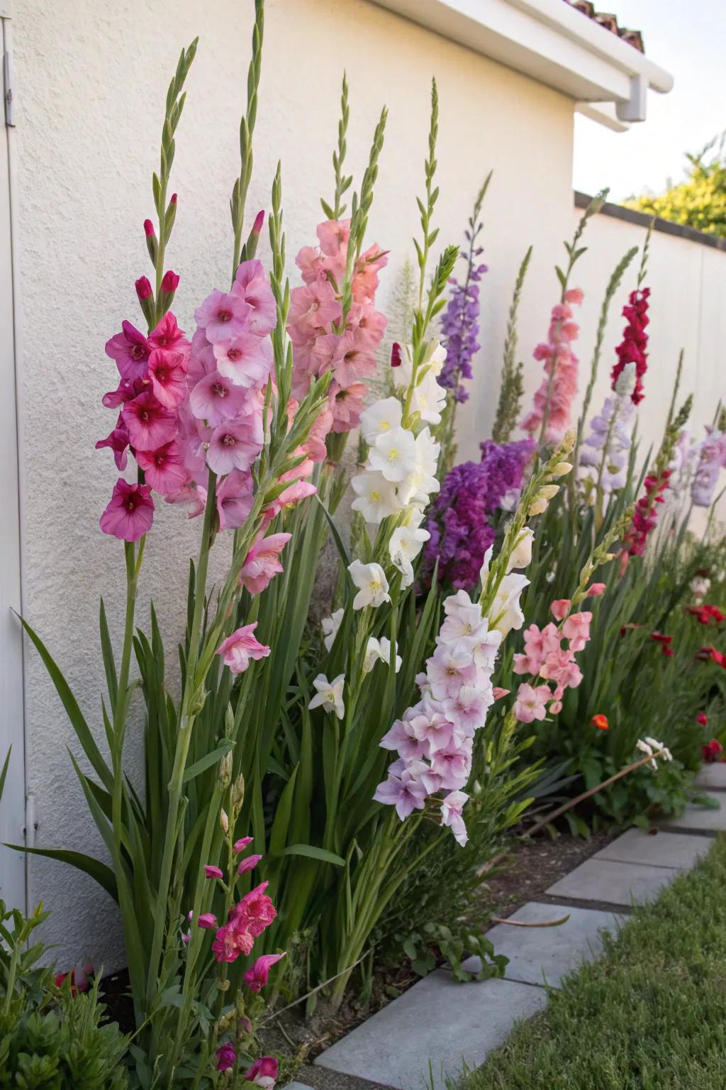A wall of gladiolus flowers forms a vibrant curtain of colors.