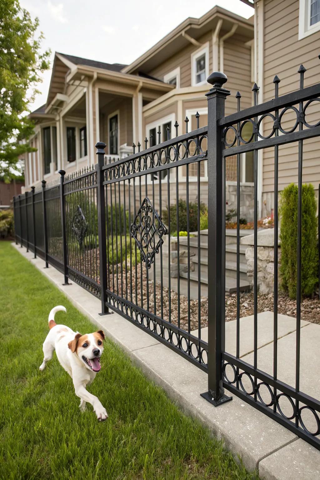 A pet-friendly iron fence keeps furry friends safe and happy.