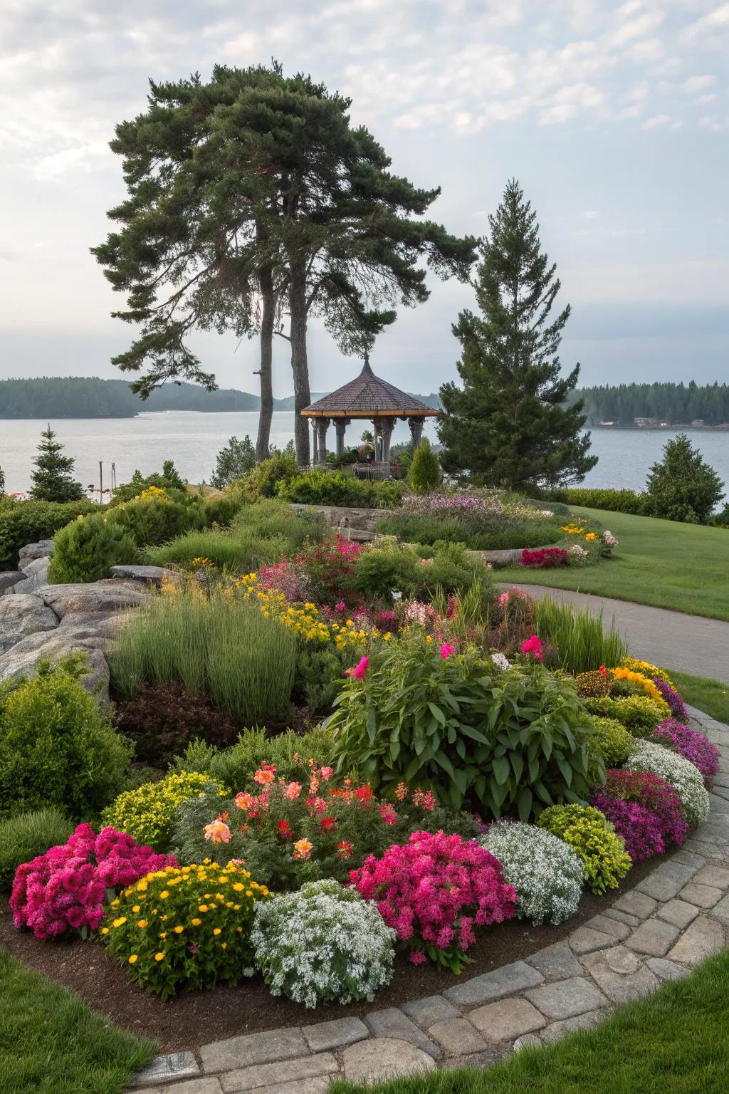 An island flower bed with a variety of evergreen plants providing structure and elegance.
