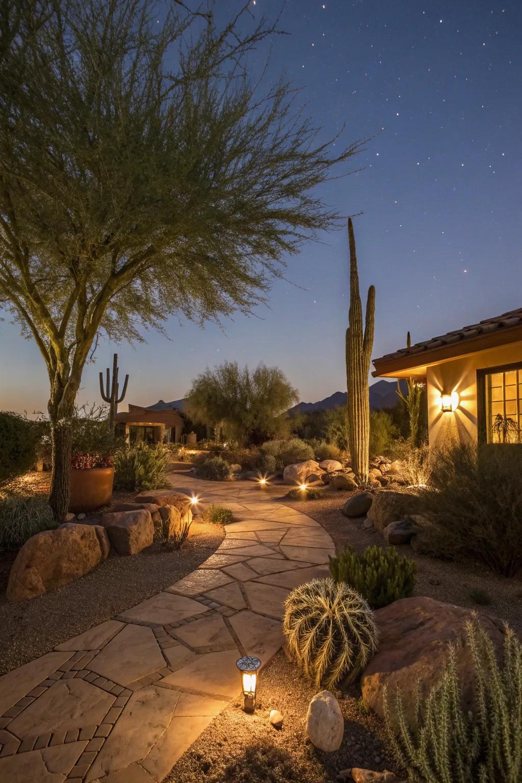 Outdoor lighting transforms the yard into a magical nightscape.