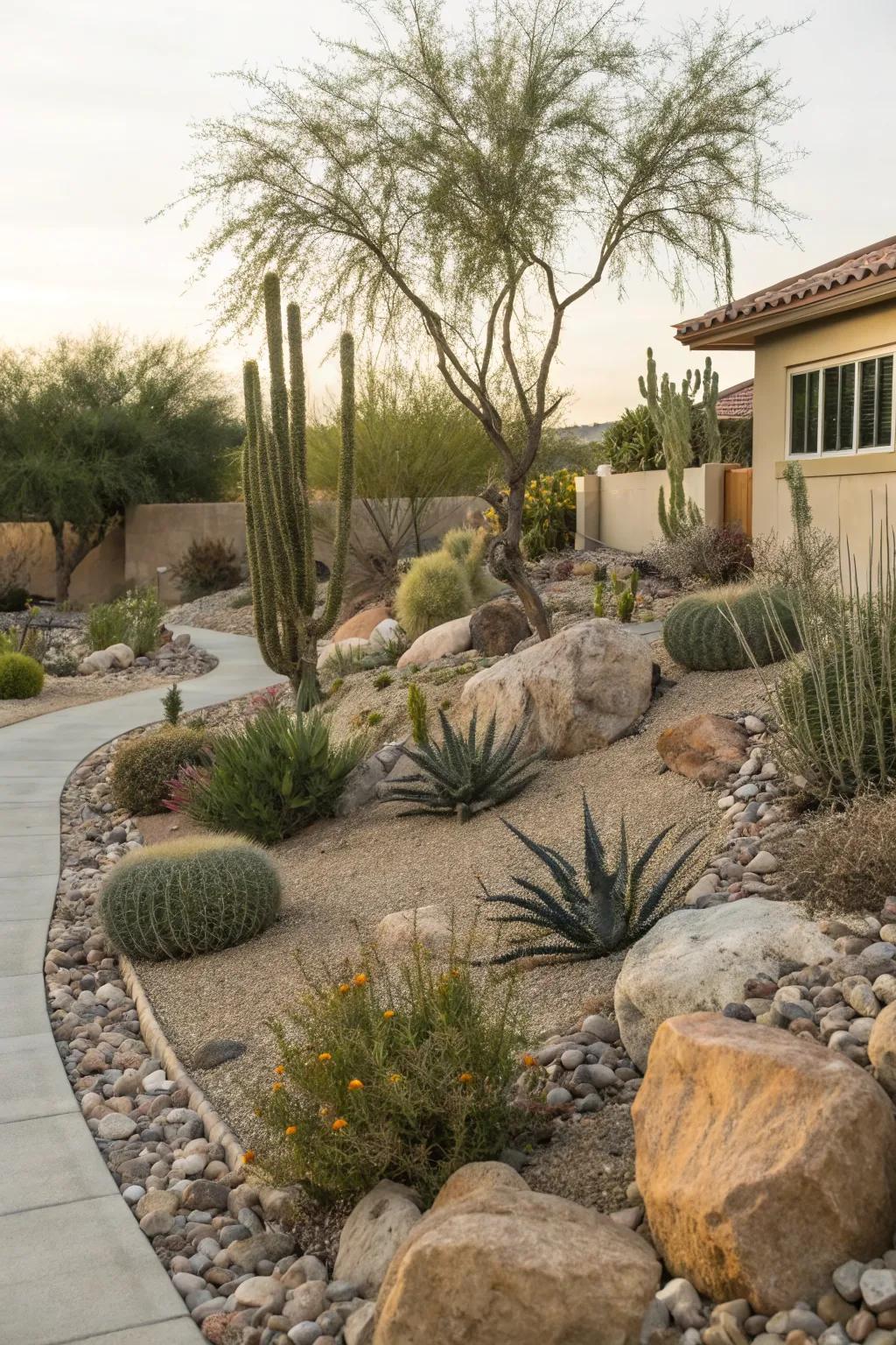 A desert oasis-themed yard with sandy rocks and resilient plants.