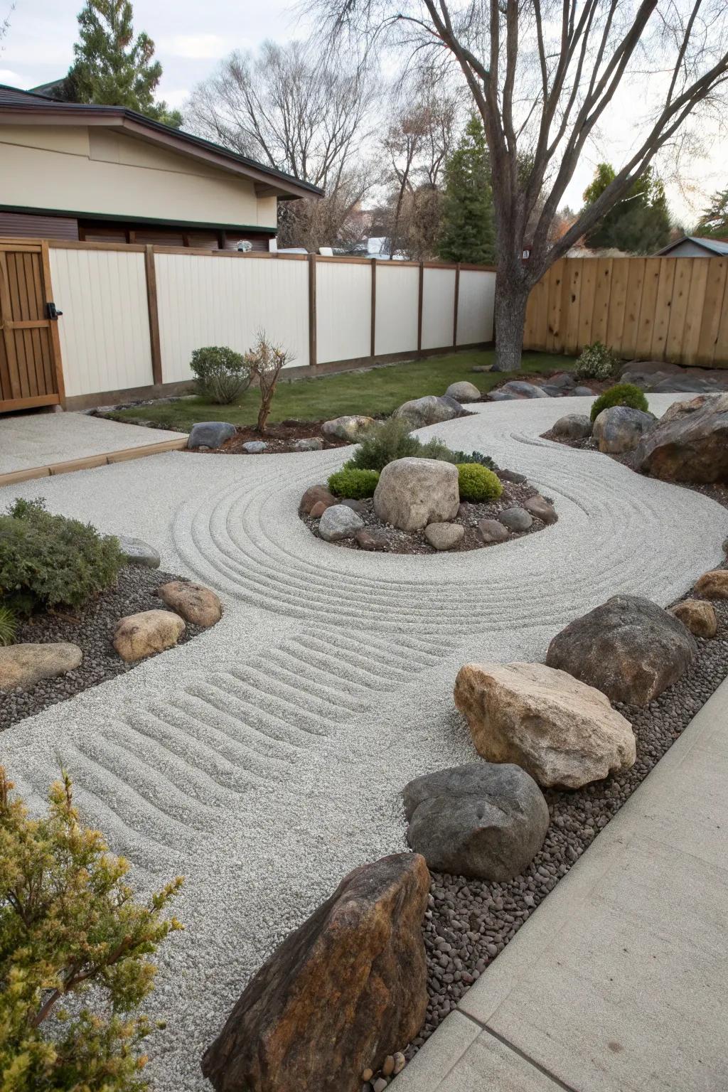 A zen garden with rocks offers a peaceful retreat.