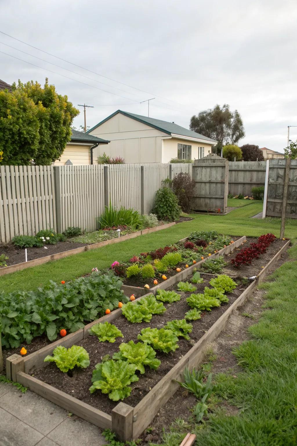 A vegetable patch adding beauty and bounty to a Zone 6 front yard.