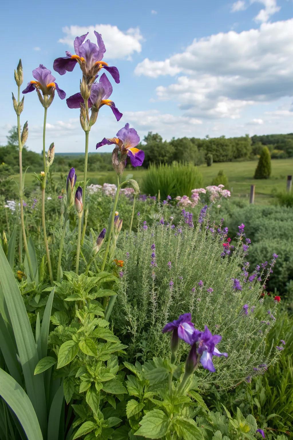 Irises combined with herbs for a dual-purpose garden.