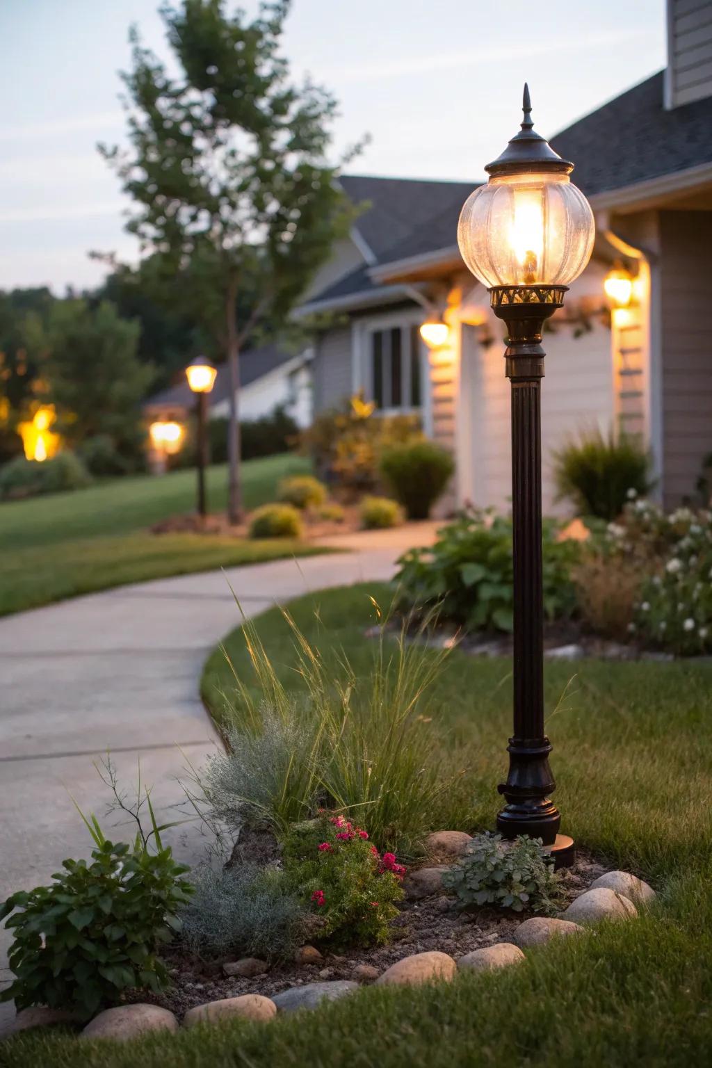 Globe-style bulbs provide a soft, inviting light.
