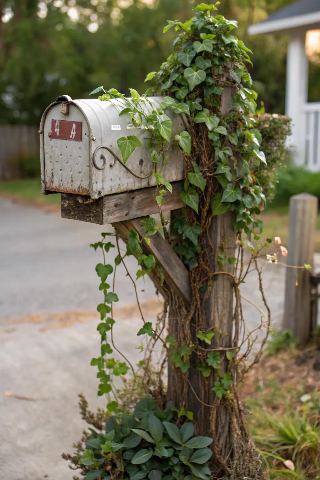 Climbing vines enhance the mailbox with vertical interest.