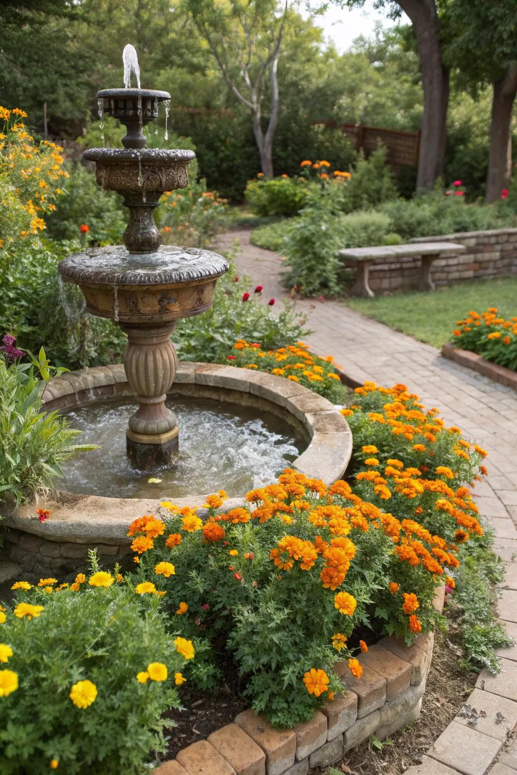 A water feature enhanced by marigolds creates a peaceful retreat.