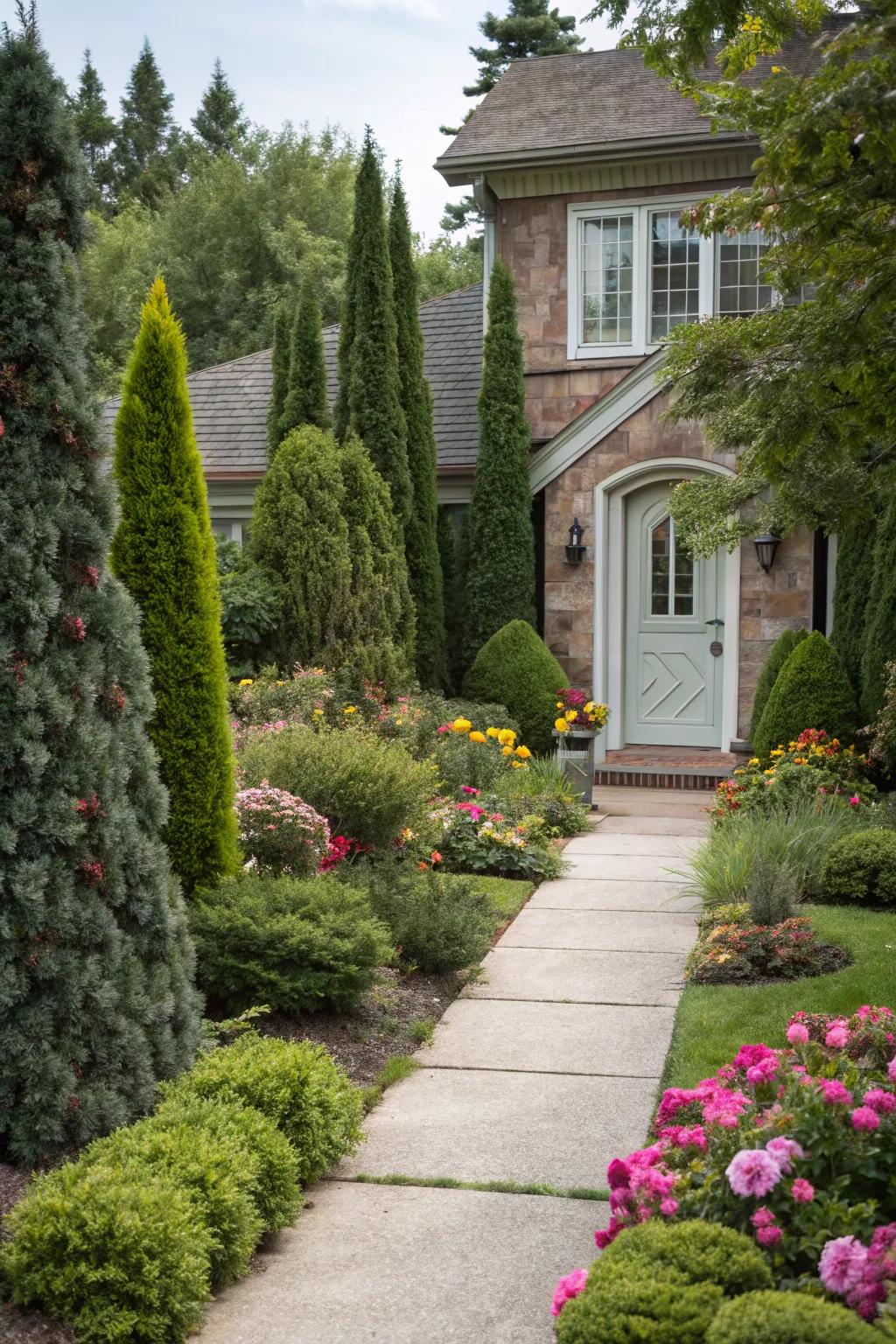 A front yard framed beautifully with evergreen shrubs and flowers.